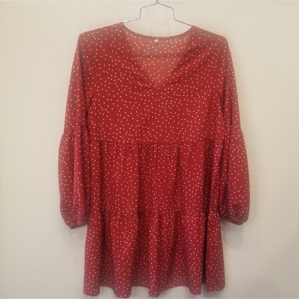 Red Babydoll‎ Dress Oversized V-Neck Loose Size L